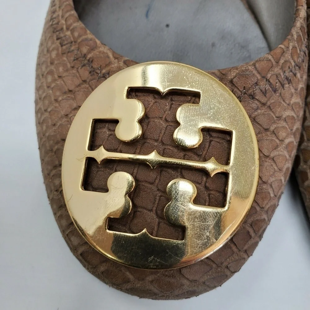TORY BURCH Brown Reva Ballet Flat Snake Skin Leather Women's Sz 6.5 M